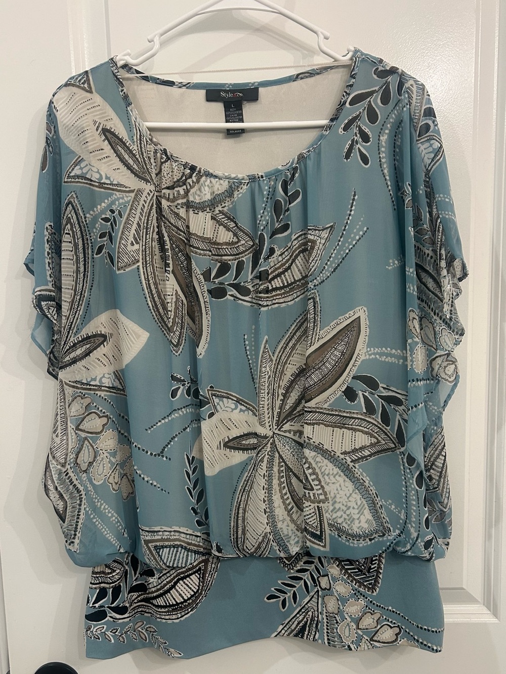 Style & Co. Teal Blue Floral Flutter Sleeve Blouse